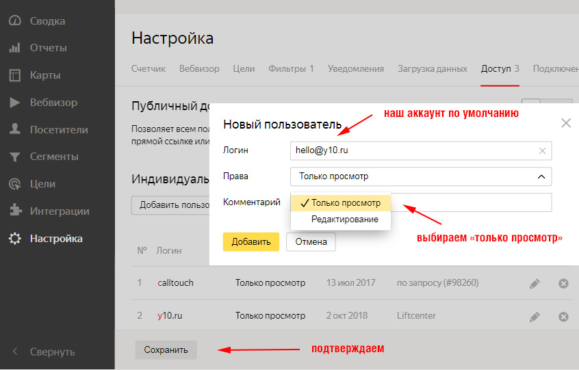 доступ к Яндекс Метрике для другого пользователя