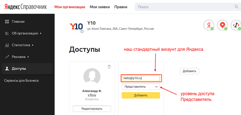 доступ к Яндекс Справочнику для другого пользователя